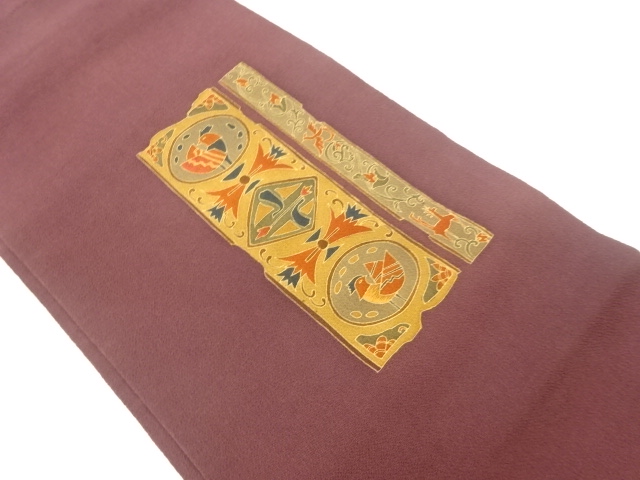 縮緬地変わり縞に花鳥・幾何学模様刺繍名古屋帯